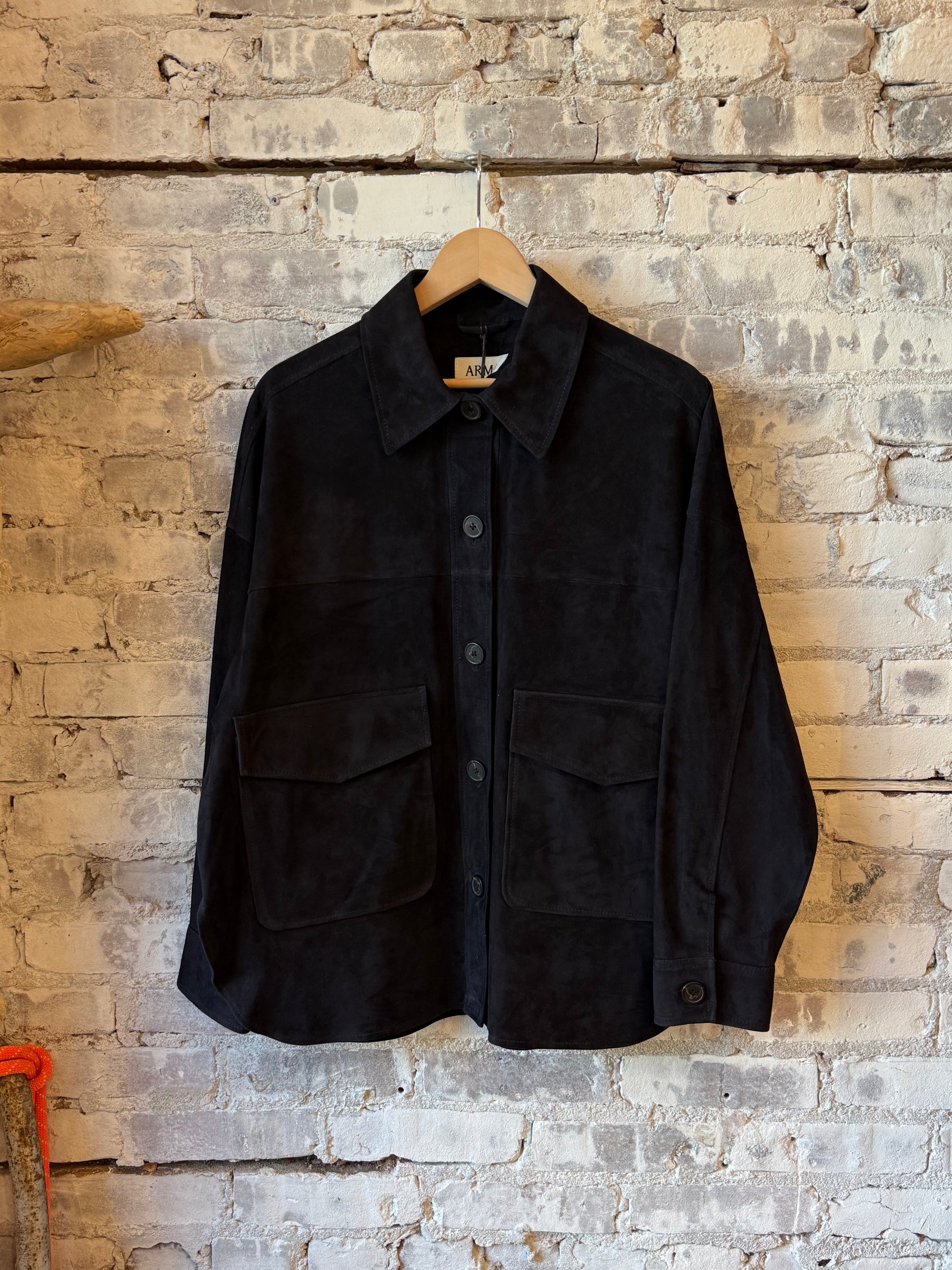 Women's Kaylee Suede Overshirt by ARMA in dark navy, showcasing soft suede fabric and stylish oversized fit.
