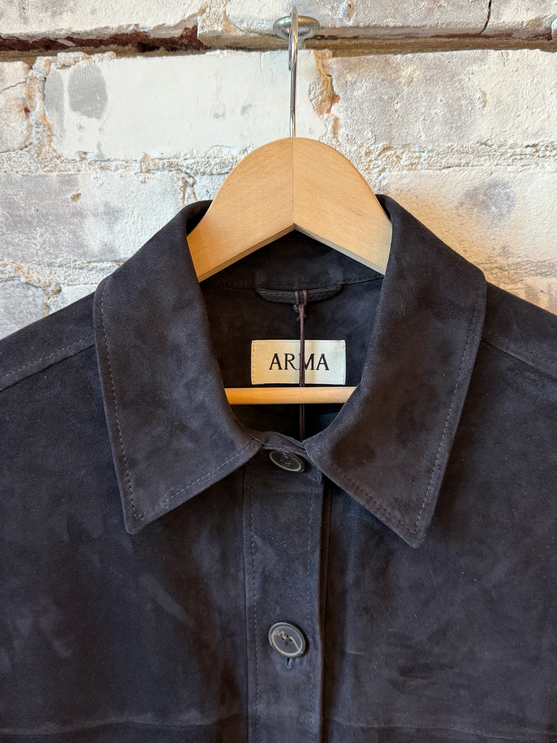 Women's Kaylee Suede Overshirt in dark navy from ARMA, showcasing the soft suede fabric and relaxed fit.