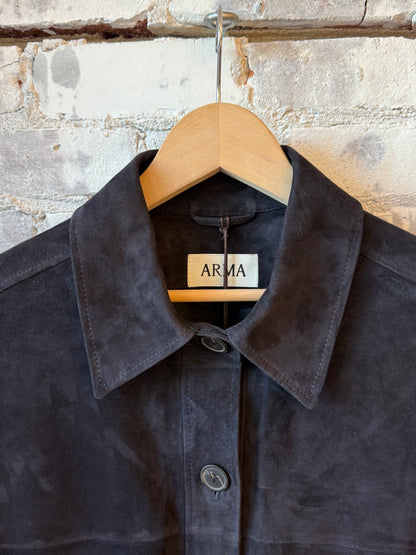 Women's Kaylee Suede Overshirt in dark navy from ARMA, showcasing the soft suede fabric and relaxed fit.