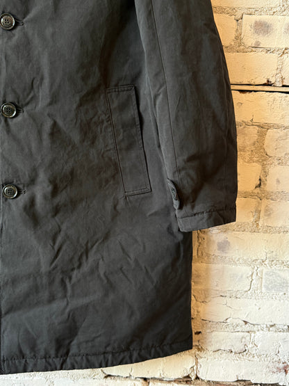 Men's Pascal Wool and Cashmere Coat in black navy by Aspesi, shown hanging on a wooden hanger against a neutral background.