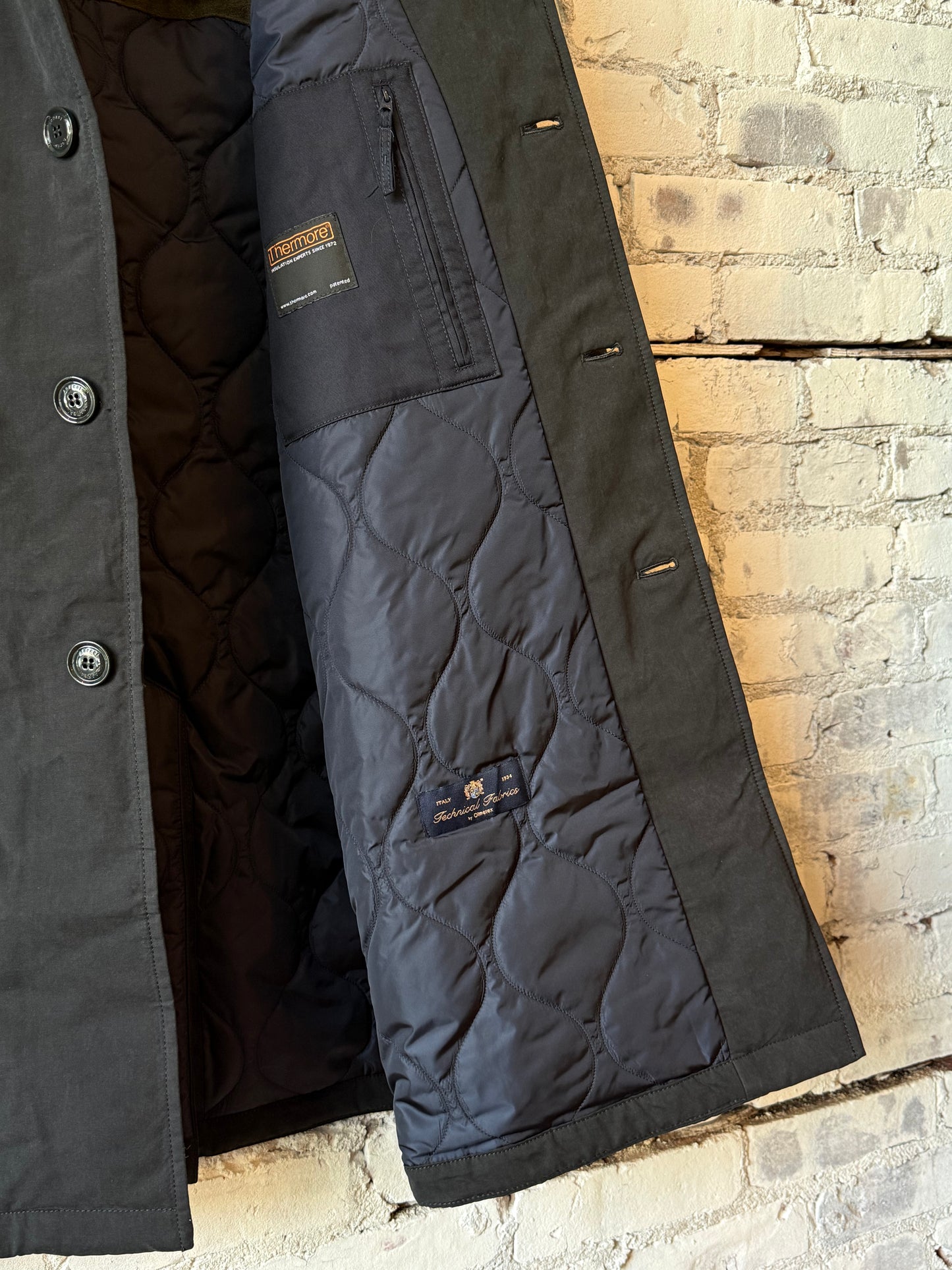Men's black navy Pascal wool and cashmere coat by Aspesi, showing the tailored front and classic lapel design.