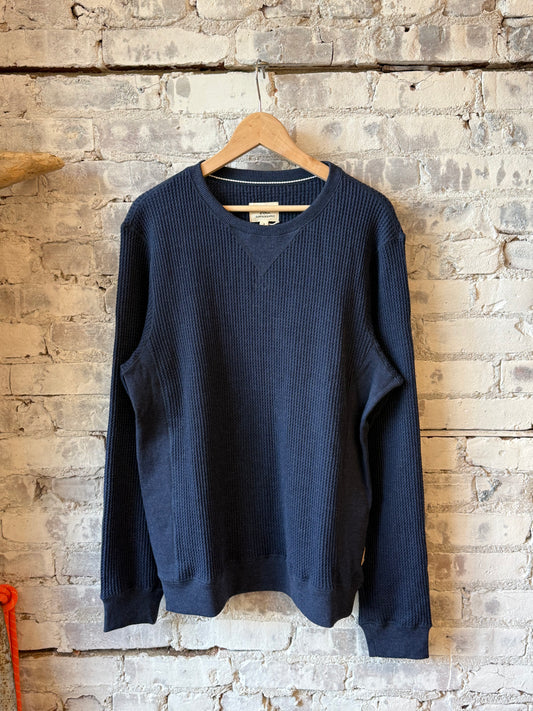 Men's navy Heather waffle fleece crewneck sweater by Surfside Supply, featuring a cozy textured fabric and casual fit.