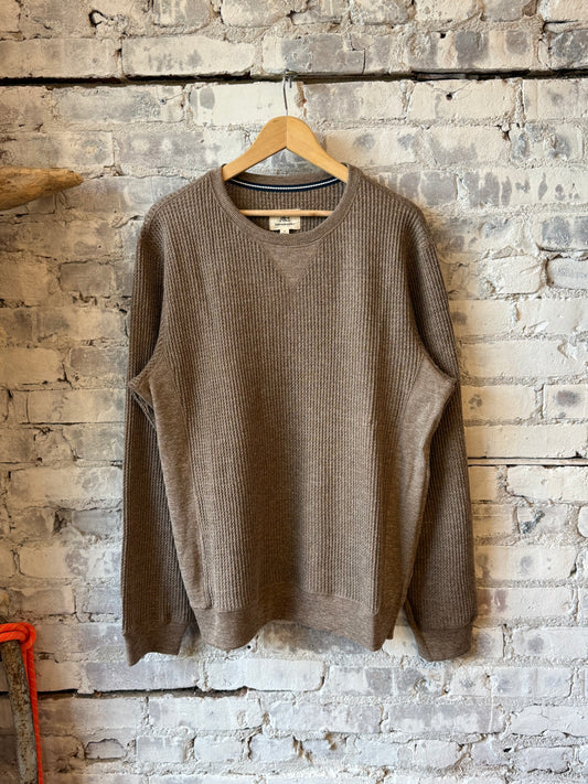 Men's Butch Waffle Fleece Crewneck in Camel Heather by Surfside Supply, showing the cozy waffle-knit fleece fabric and classic crewneck design.