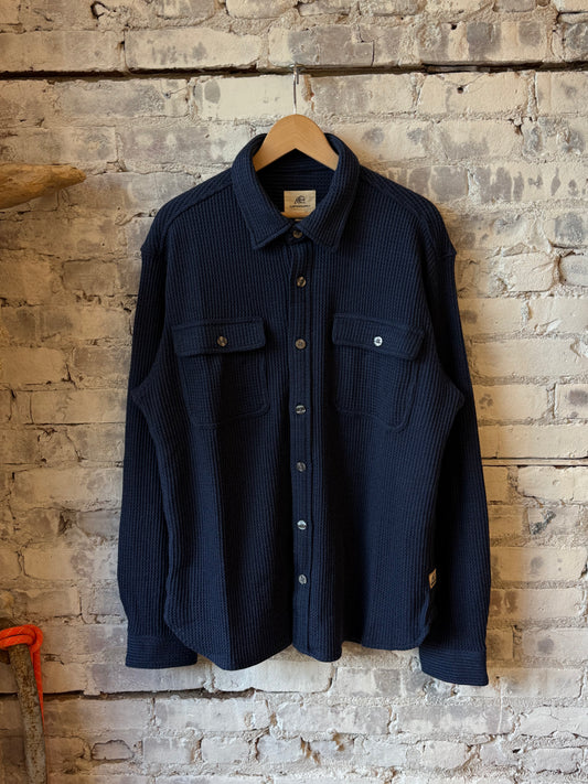 Men's Dylan Waffle Fleece Shirt Jacket in Navy Heather by Surfside Supply, featuring a cozy waffle fleece texture and button-front design.