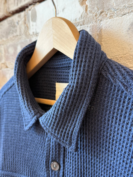 Men's navy heather Dylan waffle fleece shirt jacket by Surfside Supply, featuring a cozy, textured waffle fleece design.