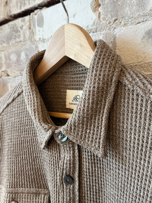 Men's Dylan Waffle Fleece Shirt Jacket by Surfside Supply in camel heather, featuring a cozy waffle-knit design and button-up style.