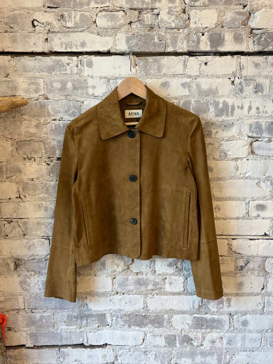 Women's ARMA Emy Suede Jacket in dark olive, featuring a stylish suede texture and tailored fit, shown on a model.