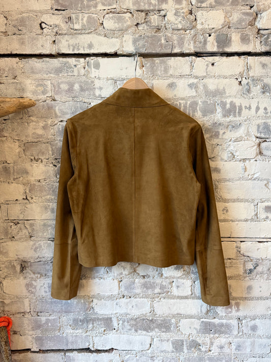 Women's dark olive Emy suede jacket by ARMA, showcasing a close-up of the soft textured material and stylish collar detail.