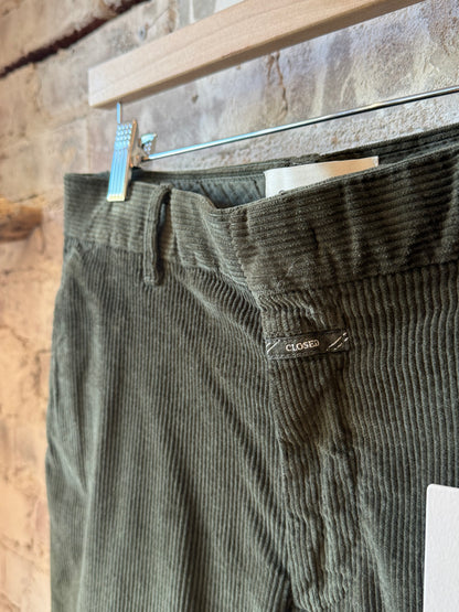 Men's Clifton True Corduroy Pants in dark olive green by Closed Men's, showing the textured fabric and classic fit.