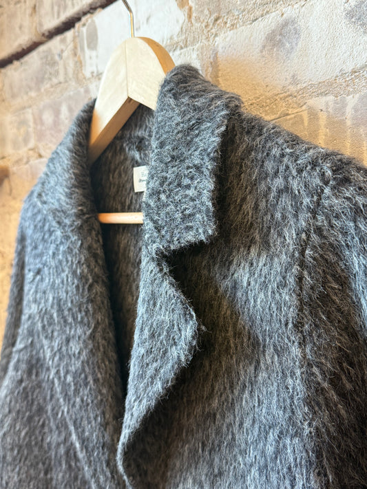 Hartford Women's Ville Woven Coat in grey, front view with textured woven fabric and button closure