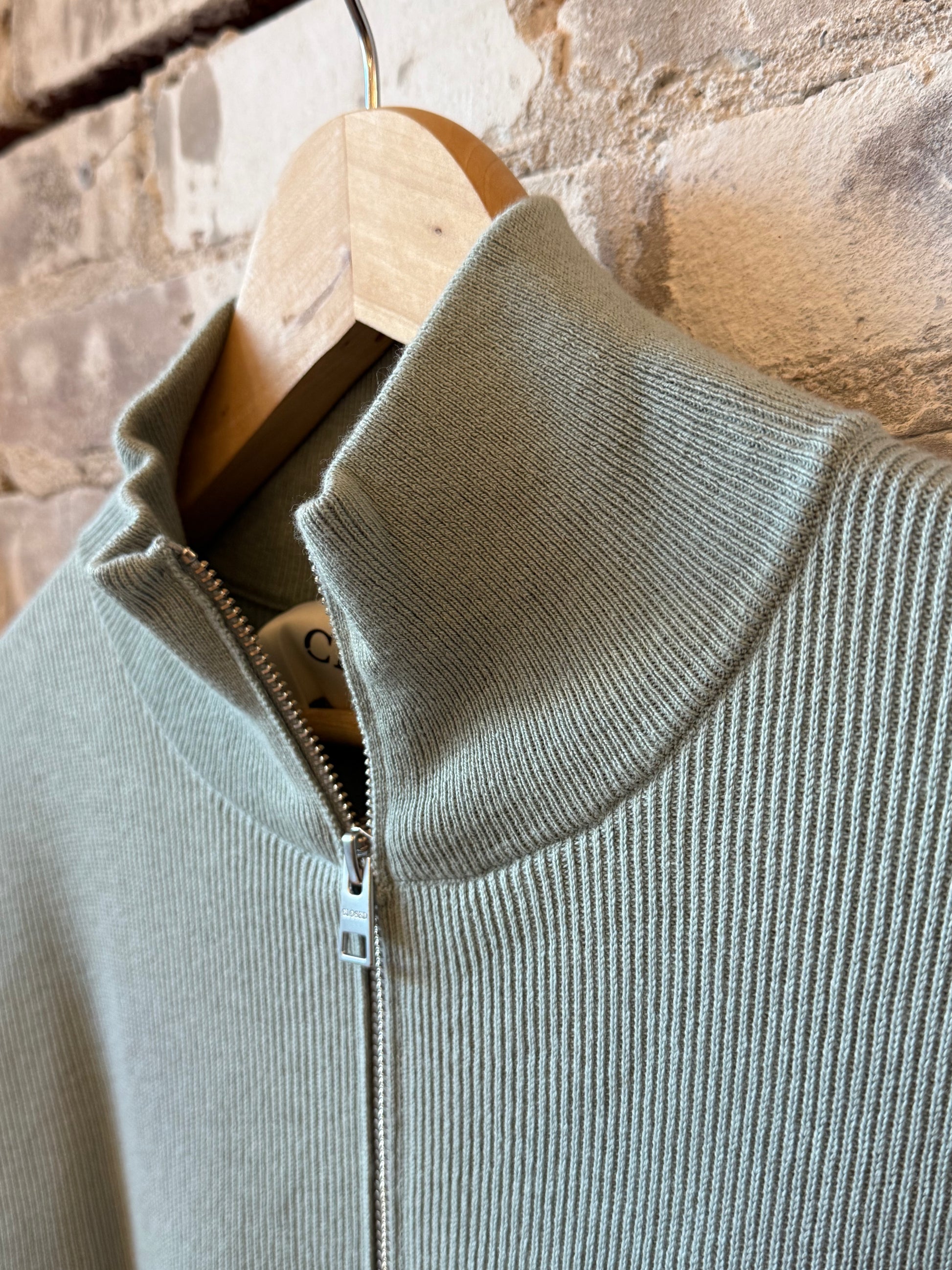 Closed Men's drift blue half-zip cotton blend jumper layered on a model