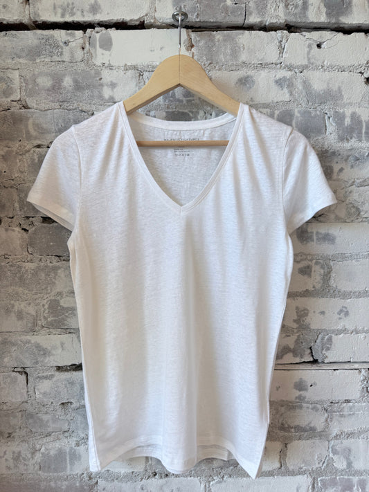 Stretch Linen SS V-Neck - Blanc