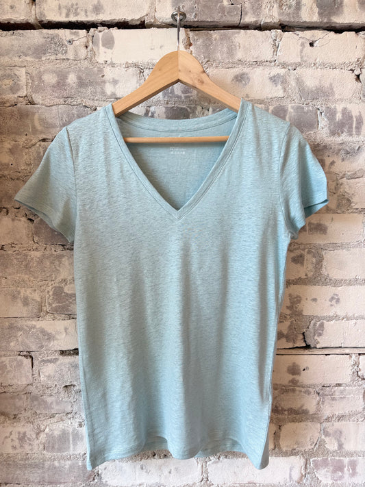 Stretch Linen SS V-Neck - Bleu Calanques