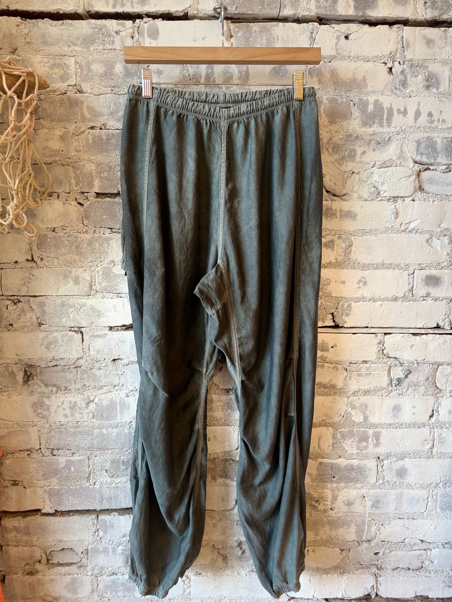 Women's grey loose drawcord Biggy pants by Freecity featuring matte and satin fabric finish, relaxed fit, and adjustable waist.