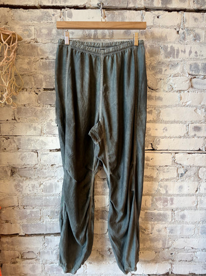 Women's grey loose drawcord Biggy pants by Freecity featuring matte and satin fabric finish, relaxed fit, and adjustable waist.