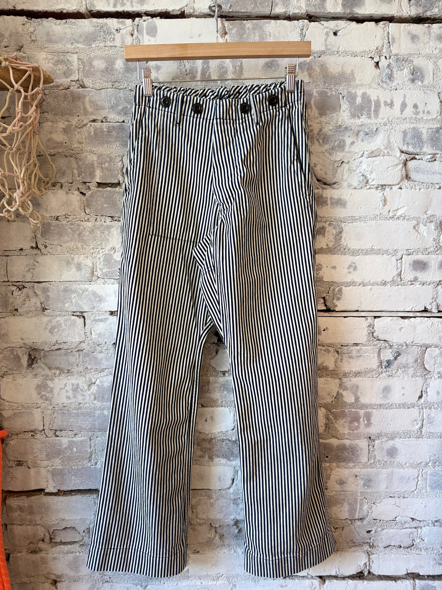 Women's Indigo Stripe French Sailors Pants by Freecity, featuring classic navy and white stripe pattern and relaxed fit.