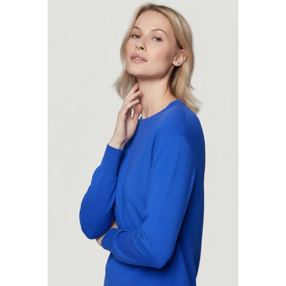 Women's organic cotton knit long sleeve crewneck in marine color by Majestic Filatures, front view showing soft fabric and classic fit.