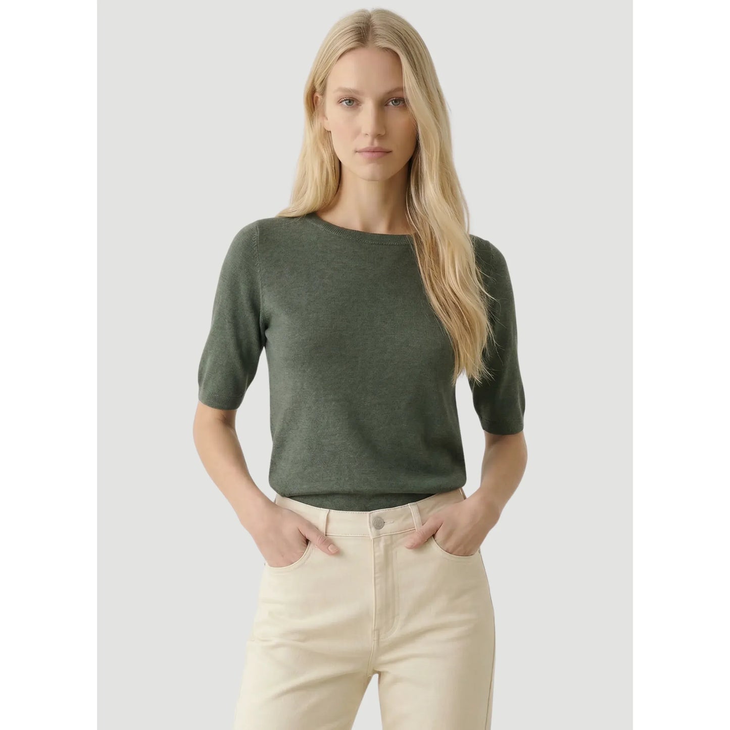 Women's Majestic Filatures stretch linen boatneck top with 3/4 sleeves in marine color, semi-relaxed fit, displayed on a hanger.