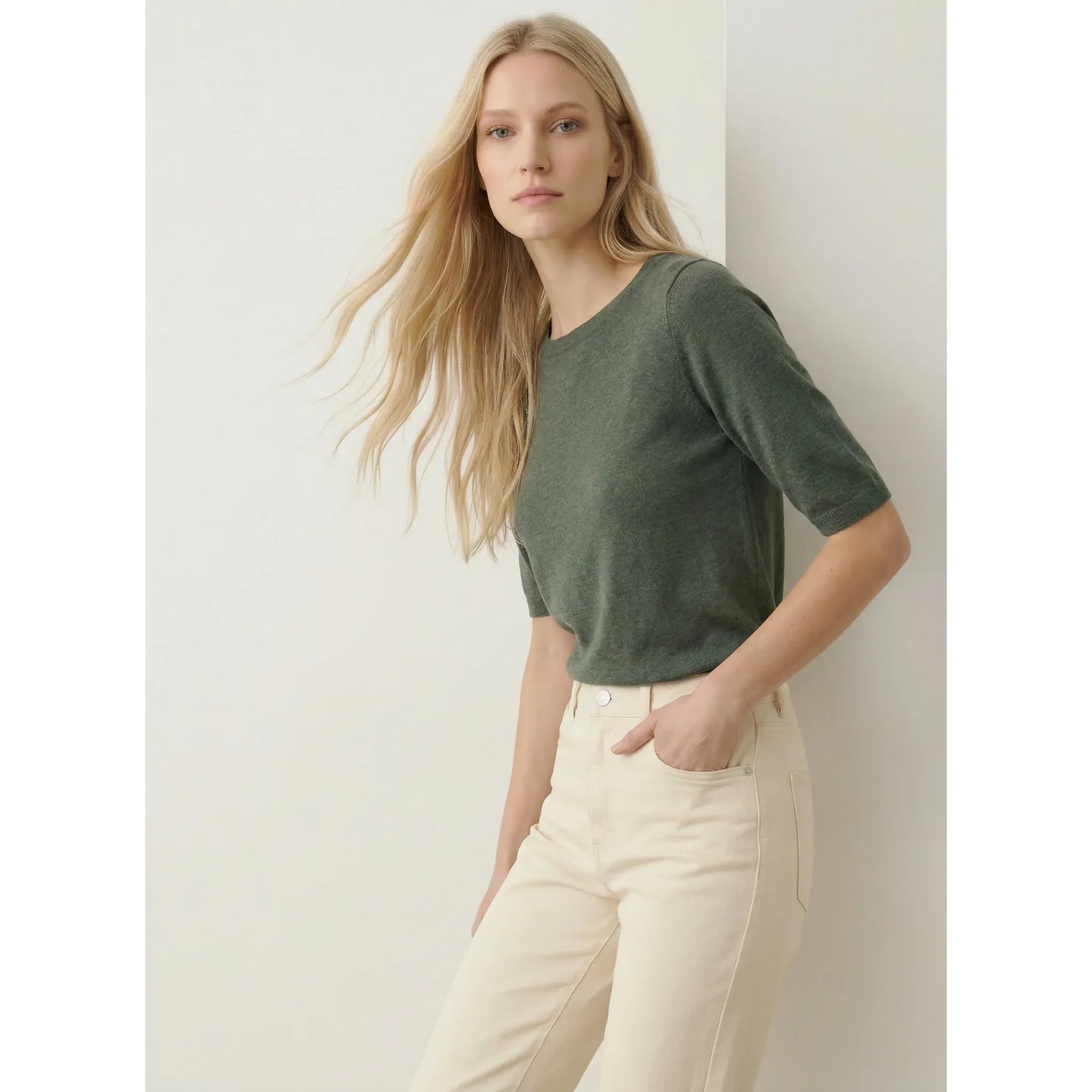 Women's stretch linen 3/4 sleeve boatneck top by Majestic Filatures in agave color, semi-relaxed fit, stylish and comfortable.