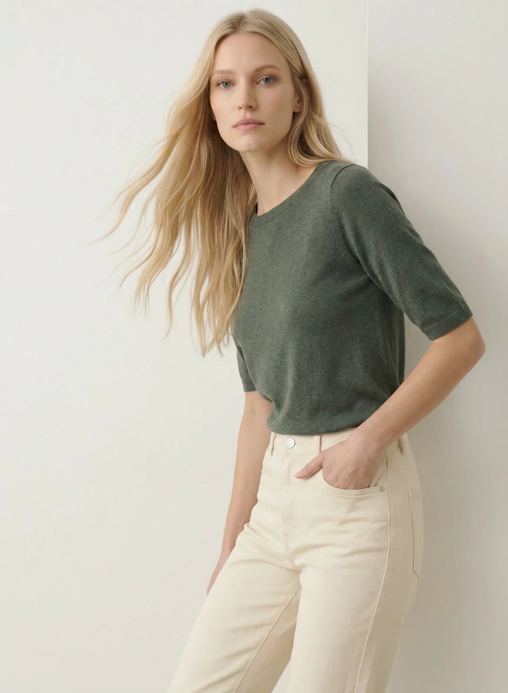 Stretch Linen 3/4 Sleeve Semi Relaxed Boatneck - Bleu Calanques - DUNE + SALT