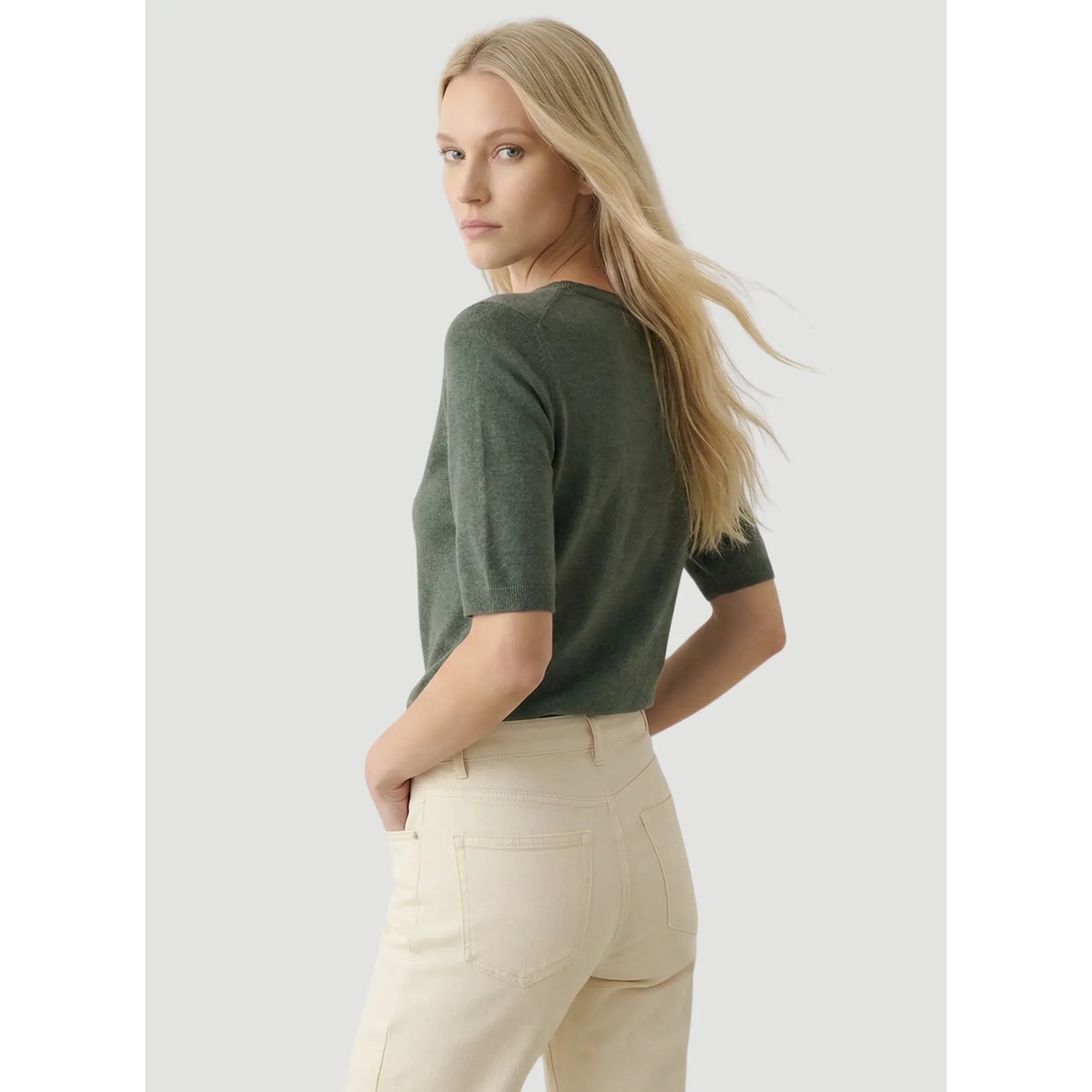 Women's stretch linen 3/4 sleeve boatneck top by Majestic Filatures in agave color, semi-relaxed fit, elegant and comfortable.