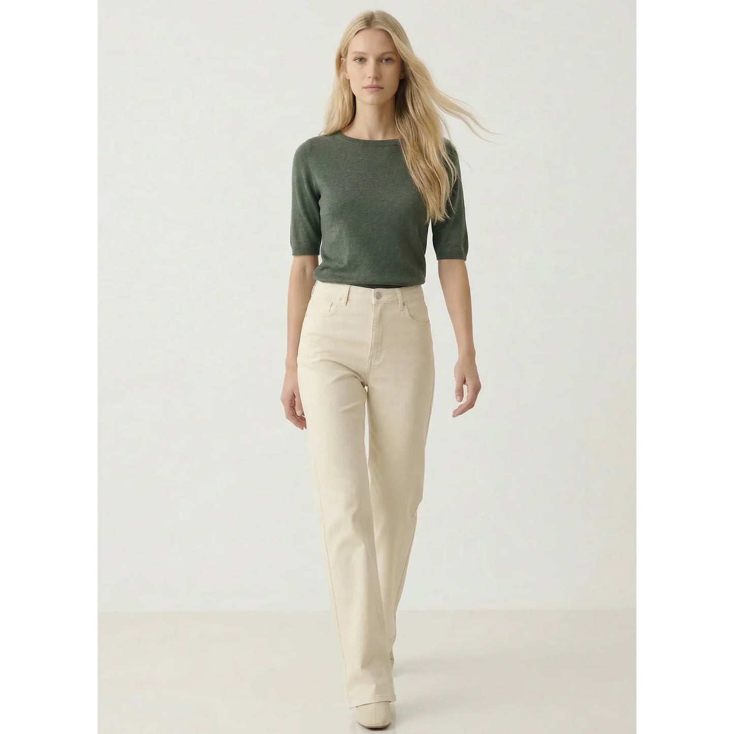 Women's Marine Stretch Linen 3/4 Sleeve Boatneck top by Majestic Filatures, semi-relaxed fit, soft agave color, casual elegant style.