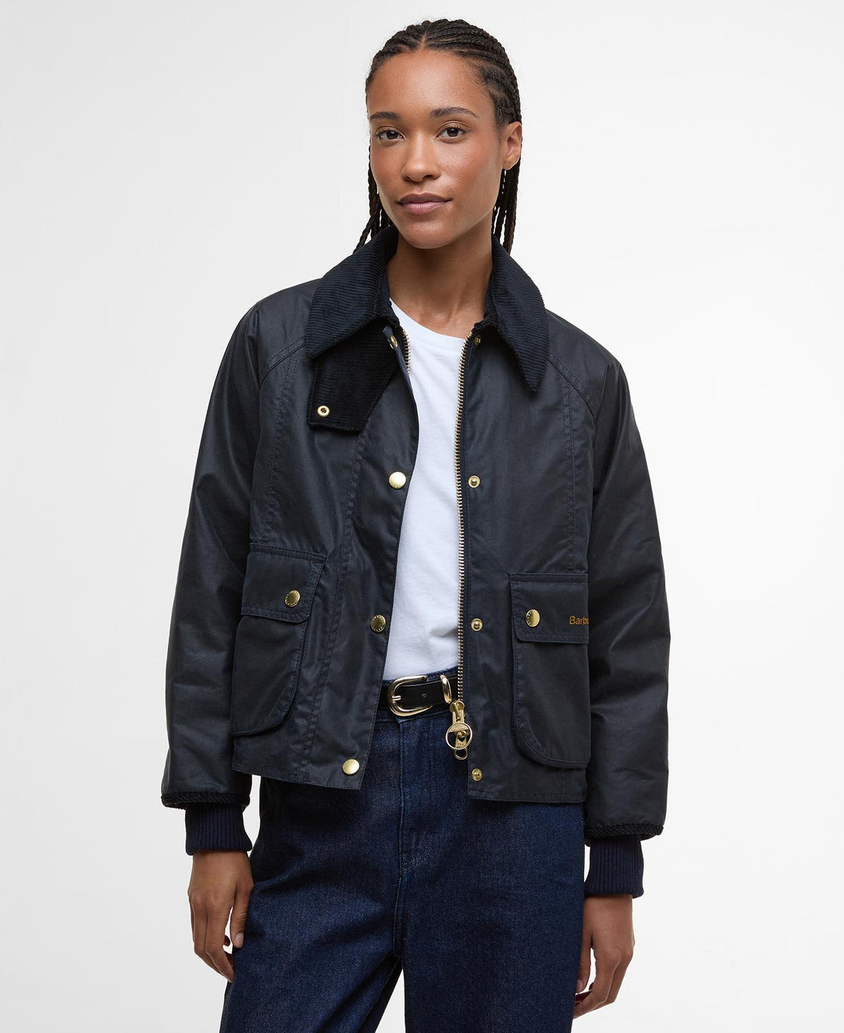 Cropped Beadnell Waxed Jacket - Navy/Classic, front