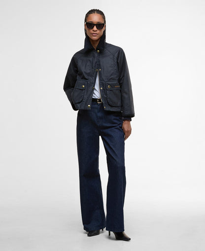 Cropped Beadnell Waxed Jacket - Navy/Classic, styled