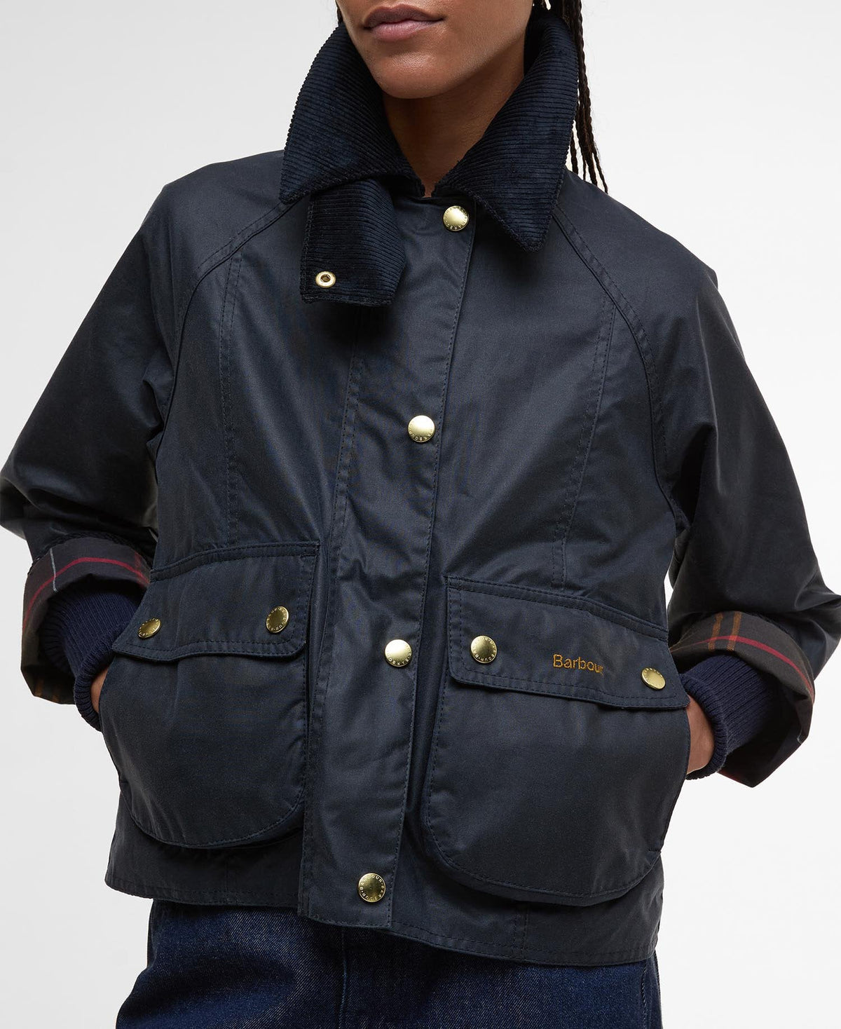 Cropped Beadnell Waxed Jacket - Navy/Classic, detail