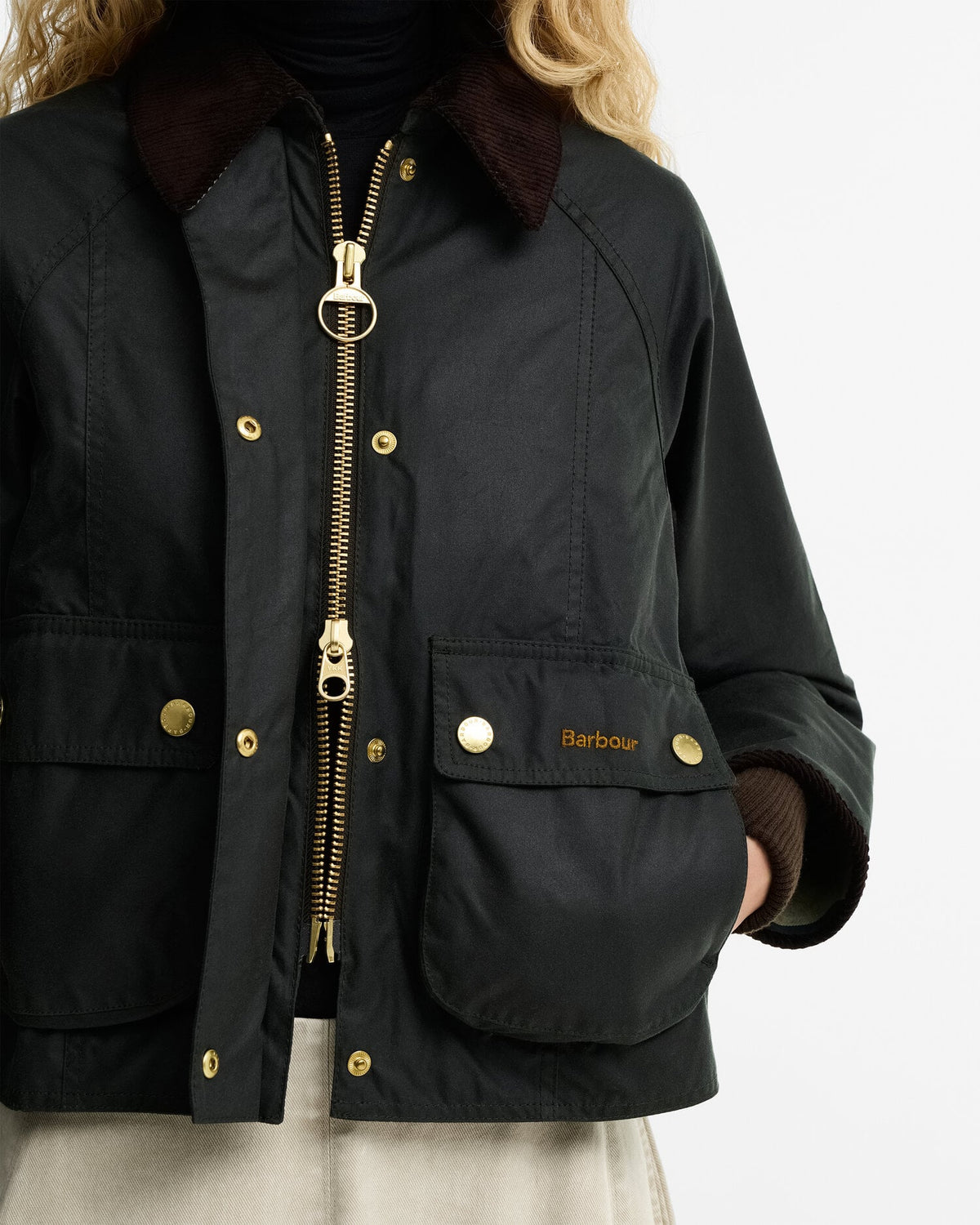 Cropped Beadnell Waxed Jacket - Sage/Ancient, detail