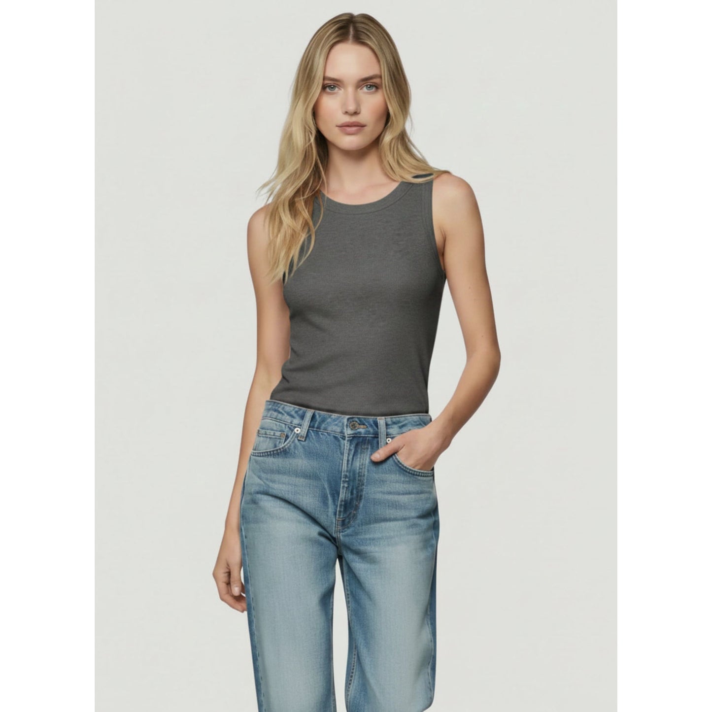Majestic Filatures Soft Touch Metallic Baby Rib Crewneck Tank - Gris Chin Clair Light Gray