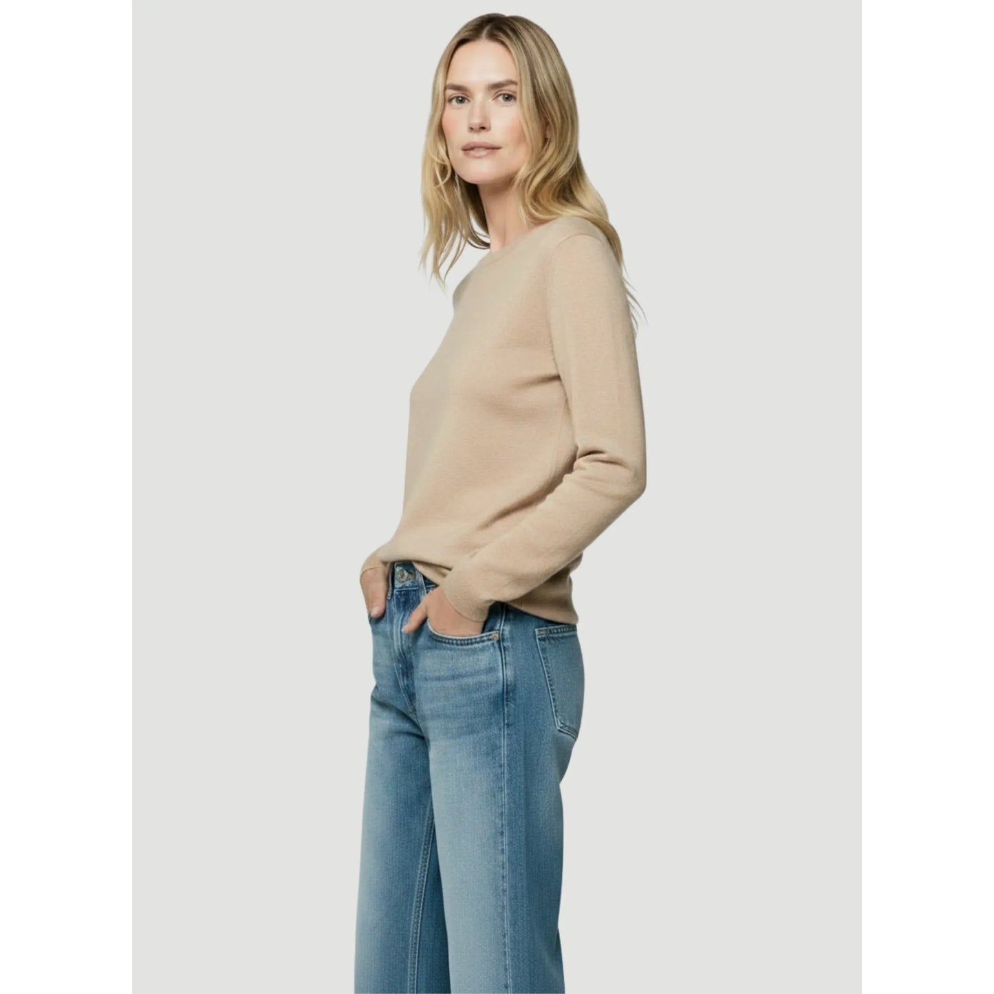 Women's marine blue double layer cashmere long-sleeve crewneck sweater by Majestic Filatures, soft and cozy fabric visible in the image.