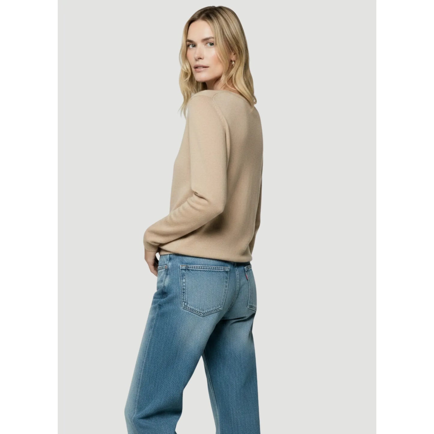 Women's marine blue Majestic Filatures extrafine double layer cashmere long sleeve crewneck sweater, close-up view.