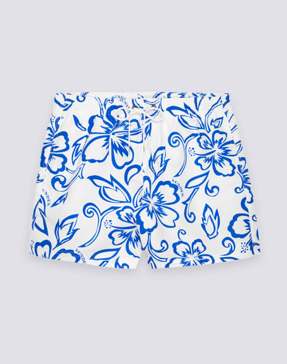 Archive Hibiscus Print Elastic Waist Boardshort - Vintage White