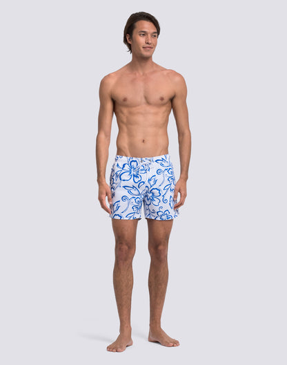 Archive Hibiscus Print Elastic Waist Boardshort - Vintage White