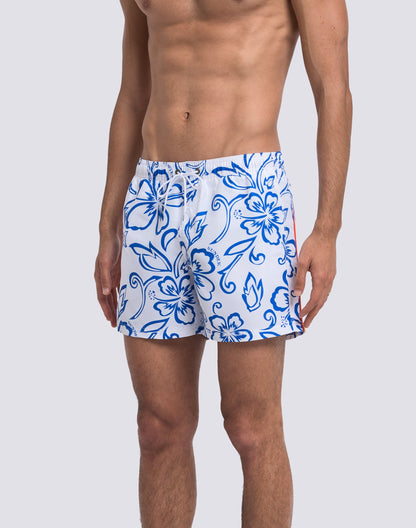 Archive Hibiscus Print Elastic Waist Boardshort - Vintage White