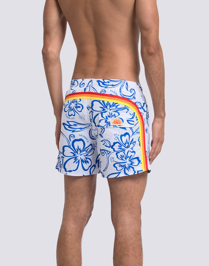 Archive Hibiscus Print Elastic Waist Boardshort - Vintage White