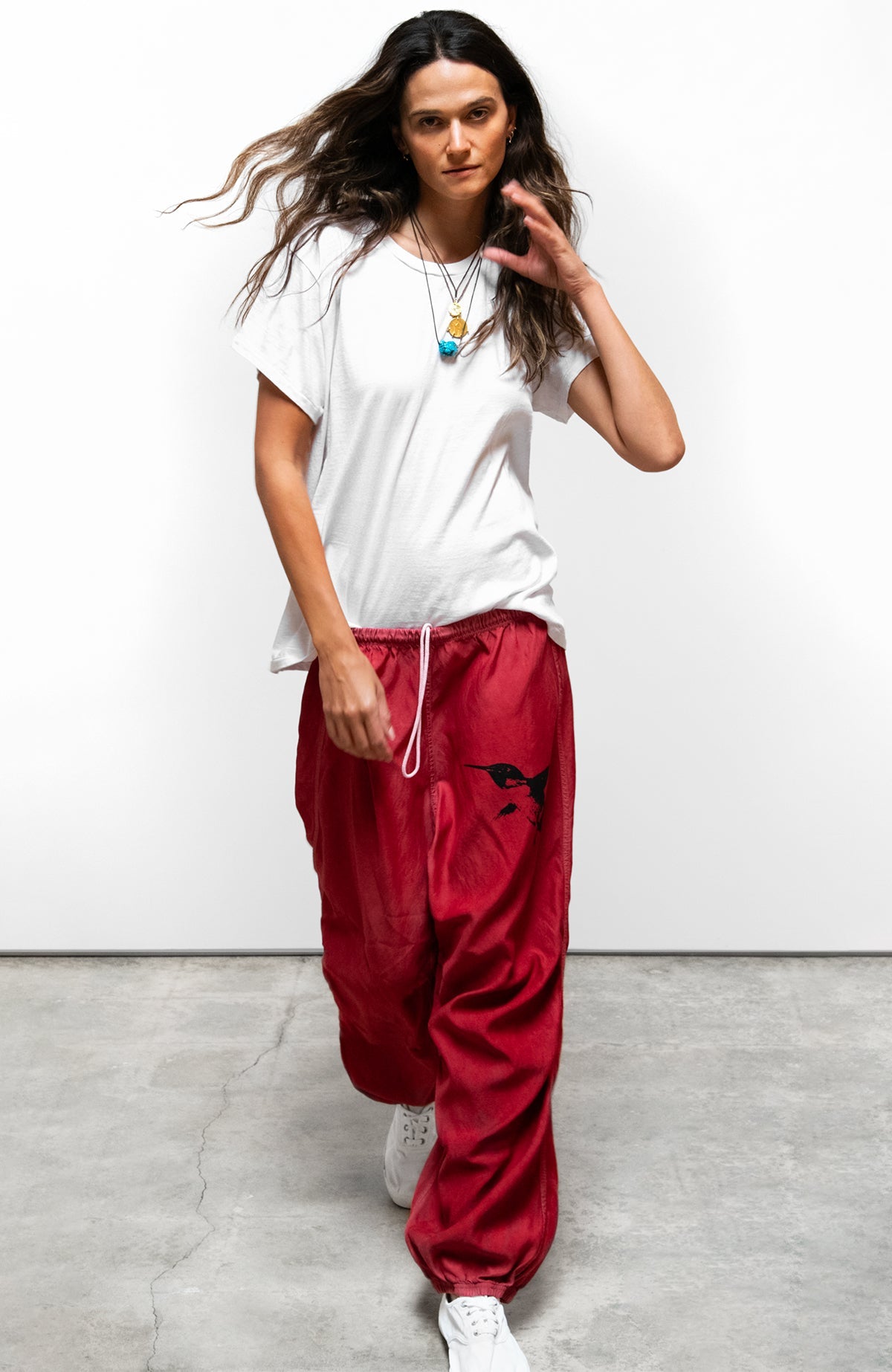 FreeCity MATTE/SATIN LOOSE DRAWCORD BIGGY PANT - Artyard Red White Smoke