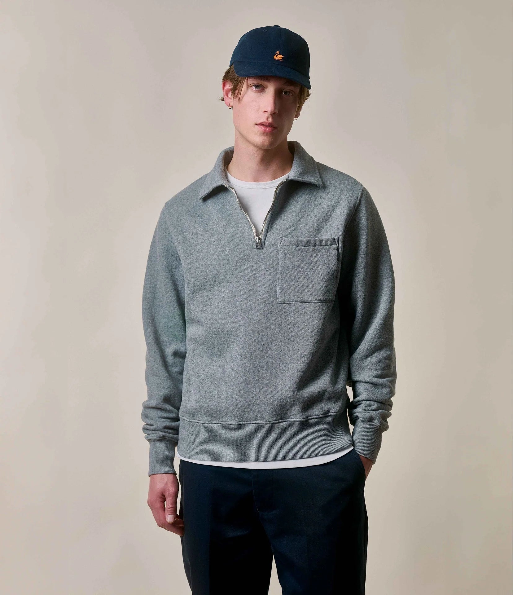 Authentic Fleece Polo Collared Half-Zip Cotton Sweatshirt - Grey Melange - DUNE + SALT