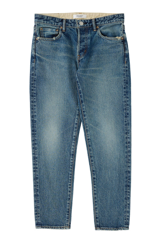 Women's Henry Tapered Jean by Moussy in blue denim, showing the fitted waist and tapered leg style.