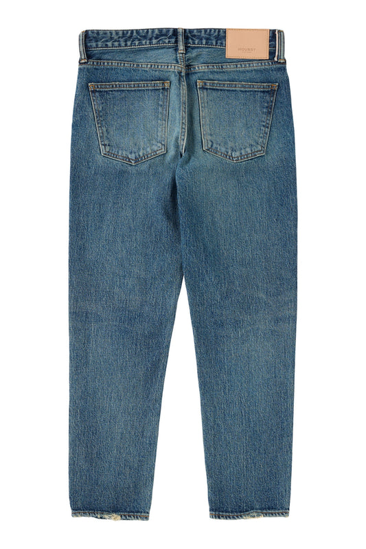 Women's blue Henry tapered jeans by Moussy, showcasing a fitted design and classic denim texture on a flat front image.