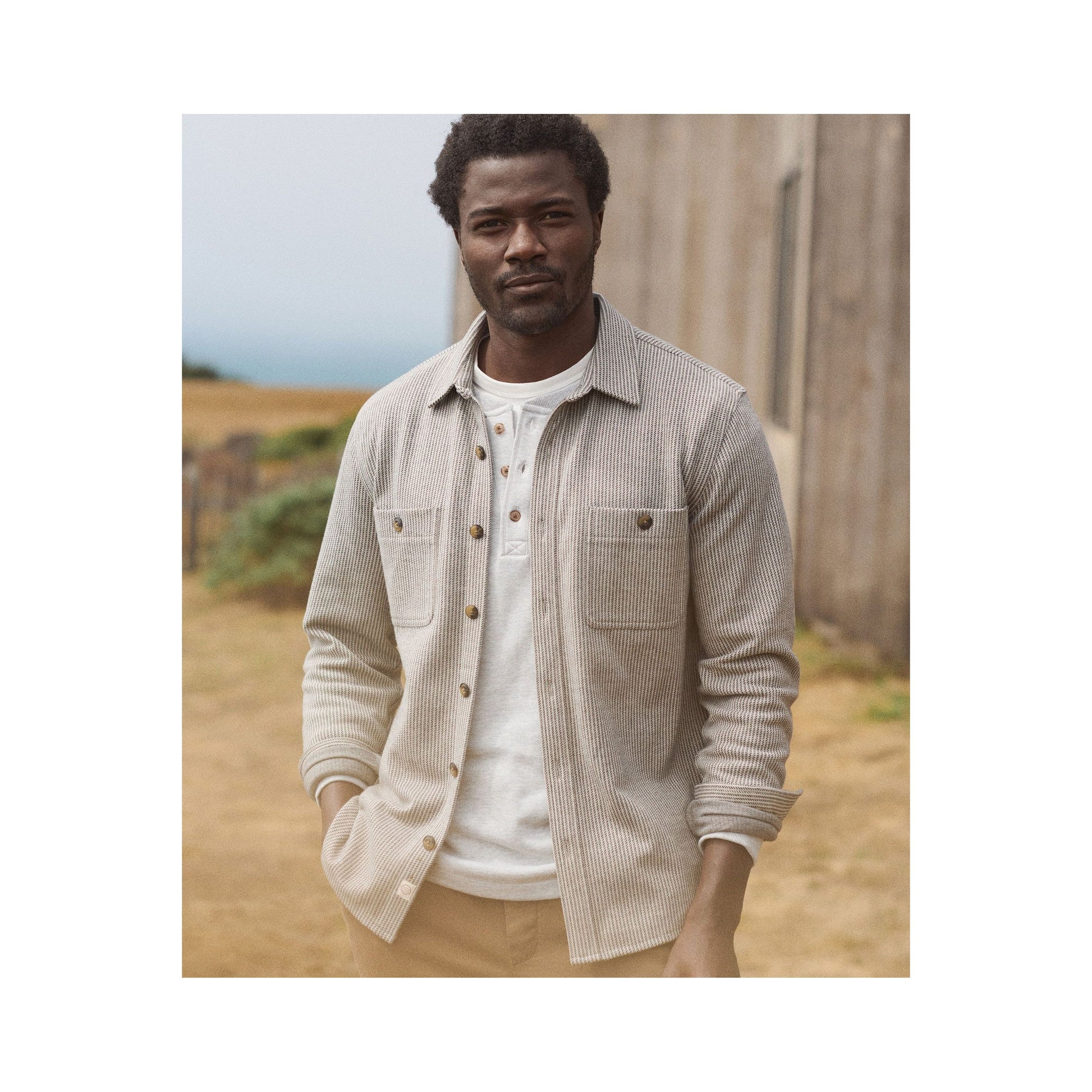 Pacifica Stretch Twill Overshirt - Grey Railroad Stripe - DUNE + SALT