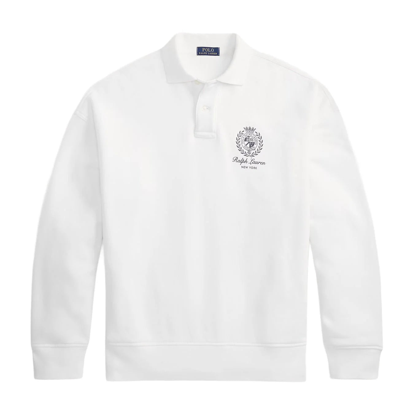 Men's Polo Ralph Lauren Island Fleece Graphic Print Polo Sweatshirt in white, featuring relaxed fit and tropical-inspired design.