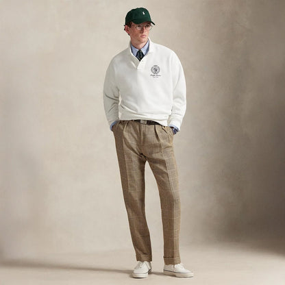 Men's white Polo Ralph Lauren Island Fleece graphic print polo sweatshirt with relaxed fit and casual style.