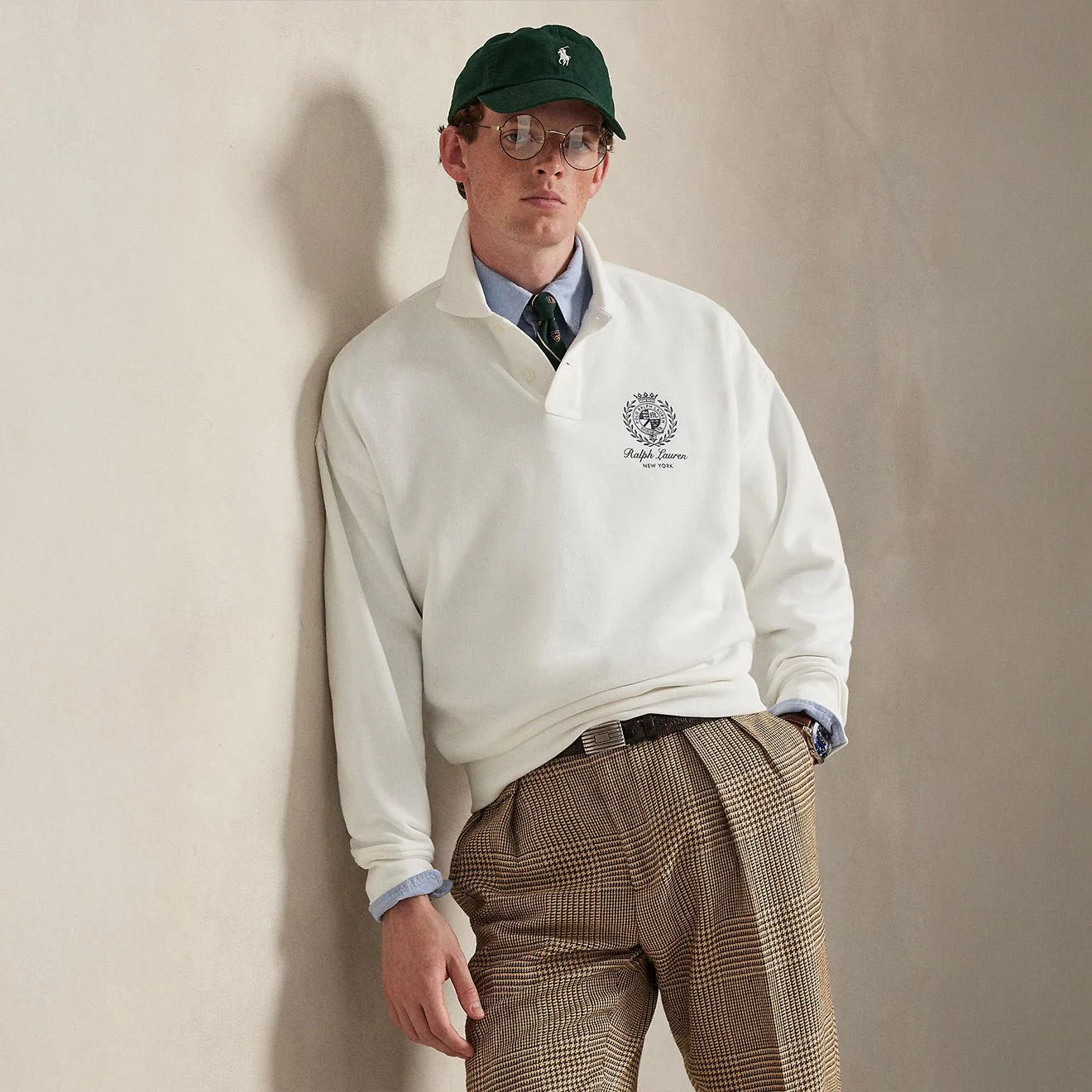 Men's Polo Ralph Lauren Island Fleece graphic print polo sweatshirt in white, relaxed fit with colorful island-themed design.