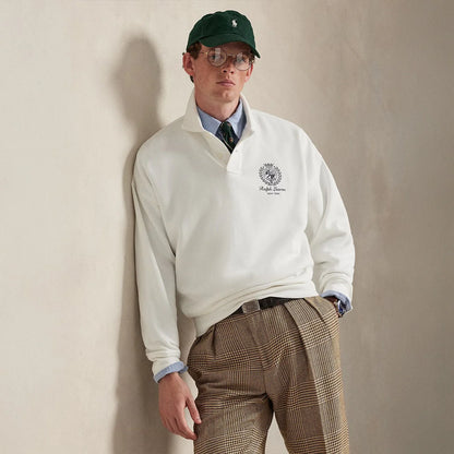 Men's Polo Ralph Lauren Island Fleece graphic print polo sweatshirt in white, relaxed fit with colorful island-themed design.