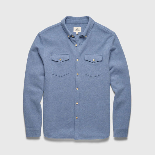 Men's Rex Rib Knit Shirt in Slate Blue Heather by Surfside Supply, featuring a close-up of the ribbed fabric and classic fit.