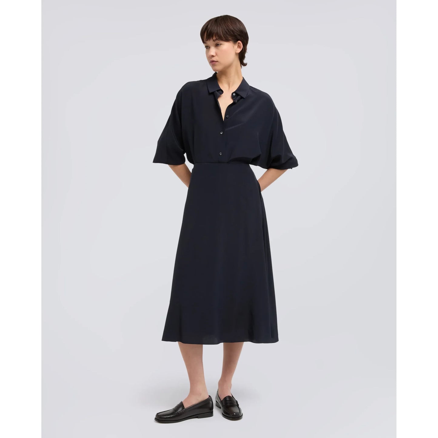 Crepe de Chine Long Silk Skirt - Navy - DUNE + SALT