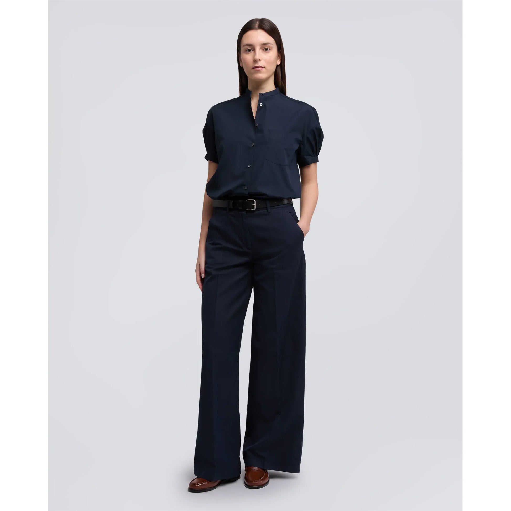 Mandarin Collar Cotton Poplin Shirt - Navy - DUNE + SALT