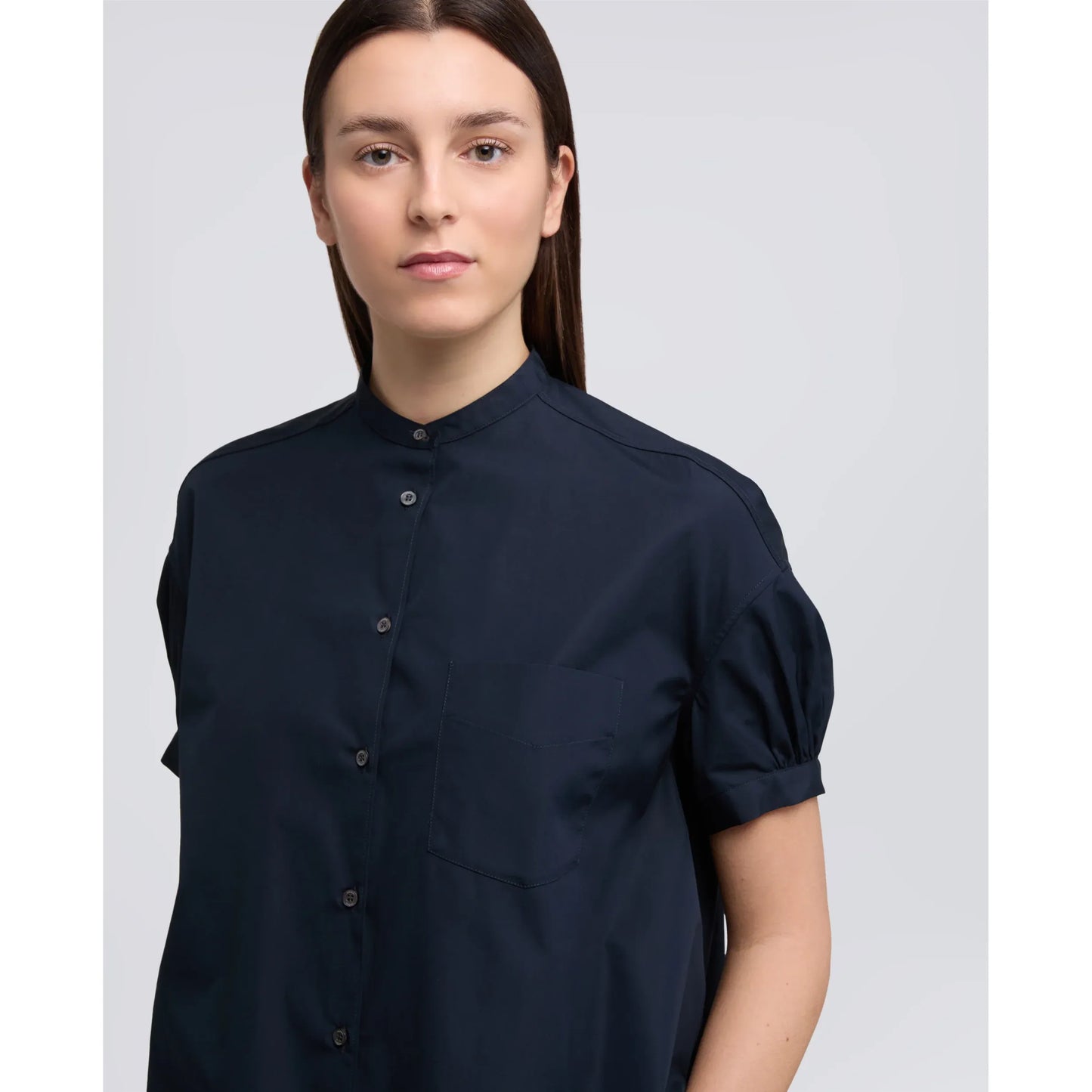 Mandarin Collar Cotton Poplin Shirt - Navy - DUNE + SALT